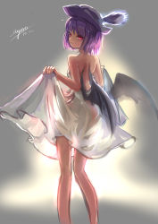 Rule 34 | 1girl, absurdres, alternate costume, back, backless outfit, backlighting, bare arms, bare shoulders, bat wings, clothes lift, dress, dress lift, hat, highres, lifted by self, looking at viewer, looking back, myero, pink eyes, purple hair, remilia scarlet, see-through, see-through silhouette, solo, strapless, strapless dress, touhou, white dress, wings