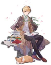 Rule 34 | 1boy, akechi hideki, artist request, black legwear, blonde hair, blue eyes, book, brown footwear, game cg, gloves, green ribbon, highres, looking at viewer, mahjong soul, male focus, official art, open book, petals, ribbon, simple background, solo, third-party source, transparent background, welsh corgi, white gloves, yostar