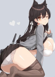 Rule 34 | 1girl, animal ears, ass, atago (azur lane), atago (school traumerei) (azur lane), azur lane, bad id, bad pixiv id, black hair, black skirt, blush, breasts, brown eyes, cleavage, clothes lift, clothes pull, extra ears, grey background, grey sweater, hair between eyes, heart, hip focus, kneeling, large breasts, long hair, looking at viewer, mole, mole under eye, one eye closed, open mouth, panties, pantyhose, pantyhose pull, pleated skirt, ribbon, sailor collar, school uniform, simple background, skirt, solo, sweater, sweater lift, swept bangs, thighband pantyhose, thighs, underwear, white panties, white ribbon, yuzu-aki
