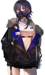 Rule 34 | 1girl, arm at side, black coat, black hair, blue hair, breasts, buttons, coat, collared shirt, commentary, covered mouth, cowboy shot, crop top, ear piercing, english commentary, fur-trimmed coat, fur trim, hand on own hip, highres, hisui ill, ichinose uruha, long sleeves, looking at viewer, lupinus virtual games, mask, medium breasts, multicolored hair, navel, off shoulder, piercing, pink eyes, pocket, respirator, shirt, simple background, sleeveless, sleeveless shirt, sleeves past wrists, solo, streaked hair, virtual youtuber, vspo!, white background, white shirt