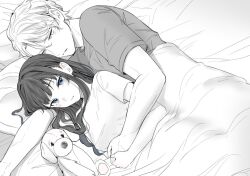 Rule 34 | 1boy, 1girl, bed, blue eyes, blush, carrot (robosquat), commentary request, couple, hetero, hug, hug from behind, long hair, looking at another, monochrome, original, shirt, spot color, stuffed animal, stuffed toy, t-shirt, under covers