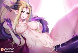Rule 34 | 1girl, artist name, bed, blonde hair, body markings, breasts, collarbone, crystal, cum, cum in pussy, cum on body, cum on breasts, cum on upper body, diamond (gemstone), dragon, dragon girl, dragon horns, dragon sorceress zyra, dragon tail, facial, groin, horns, large breasts, league of legends, long hair, looking at viewer, lying, nail polish, navel, nipples, nude, on back, patreon username, pointy ears, purple eyes, pussy, smile, solo, spread legs, tail, tail insertion, thighs, tofuubear, tongue, tongue out, wide hips, zyra