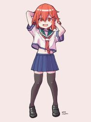 Rule 34 | 1girl, adapted costume, artist name, black footwear, black thighhighs, blue sailor collar, blue skirt, fang, full body, grey background, ikazuchi (kancolle), kantai collection, loafers, navel, neckerchief, open mouth, orange eyes, orange hair, pleated skirt, red neckerchief, sailor collar, school uniform, serafuku, shoes, short hair, short sleeves, simple background, skirt, smile, solo, standing, thighhighs, unagiman