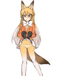 Rule 34 | 10s, 1girl, animal ears, artist request, black gloves, blonde hair, bow, bowtie, clothes lift, extra ears, ezo red fox (kemono friends), female focus, fox ears, fox tail, fur-trimmed sleeves, fur trim, gloves, highres, kemono friends, lifted by self, long hair, long sleeves, looking at viewer, multicolored hair, navel, necktie, panties, pantyhose, shirt, simple background, sketch, skirt, skirt lift, solo, standing, tail, underwear, white background, white hair, white panties, yellow eyes