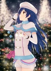 Rule 34 | 10s, 1girl, blue hair, capelet, christmas tree, cowboy shot, detached sleeves, fur, gradient background, hat, highres, itsui (dihydrogenmonoxid), long hair, looking to the side, love live!, love live! school idol project, minase yuu, shorts, snow halation, snowflakes, solo, sonoda umi, very long hair, yellow eyes