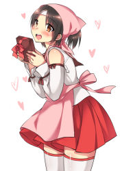Rule 34 | 10s, 1girl, apron, black hair, blush, box, brown eyes, detached sleeves, gift, gift box, headband, heart, holding, holding gift, kantai collection, looking at viewer, nagara (kancolle), open mouth, pink apron, pink theme, pleated skirt, ribbon, school uniform, serafuku, short hair, simple background, sk02, skirt, solo, thighhighs, valentine, white background, white thighhighs, zettai ryouiki