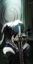 Rule 34 | 1boy, absurdres, armor, black armor, black cape, black gloves, blue hair, byleth (fire emblem), byleth (male) (fire emblem), cape, commentary request, fire emblem, fire emblem: three houses, gauntlets, gloves, highres, holding, holding sword, holding weapon, looking down, male focus, nintendo, short hair, signature, sitting, solo, sword, sword of the creator, throne, weapon, yuli yuri
