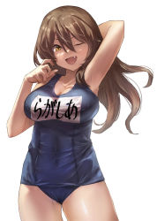 Rule 34 | 1girl, ashigara (kancolle), bare arms, bare legs, bare shoulders, black one-piece swimsuit, breasts, brown eyes, brown hair, cleavage, collarbone, cowboy shot, fang, hair between eyes, kantai collection, large breasts, long hair, name tag, one-piece swimsuit, one eye closed, open mouth, school swimsuit, simple background, smile, solo, swimsuit, toka (marchlizard), white background