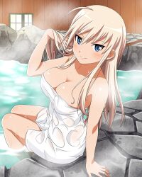 Rule 34 | 1girl, artist request, blonde hair, blue eyes, blush, breasts, cleavage, closed mouth, collarbone, hanna-justina marseille, large breasts, long hair, looking at viewer, naked towel, official art, onsen, sitting, smile, solo, sweat, towel, world witches series