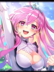 Rule 34 | 1girl, artist request, blush, breasts, cleavage, day, long hair, medium breasts, official art, open mouth, phantom of the kill, pink eyes, pink hair, sky, smile, tiara, tyrfing (phantom of the kill)