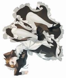 1girl absurdres alternate_costume apron black_footwear brown_eyes brown_hair closed_mouth dress full_body highres long_sleeves looking_at_viewer maid maid_apron maid_headdress maro_(lij512) overwatch shoes short_hair simple_background solo spiked_hair tracer_(overwatch) white_background white_legwear