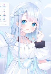 Rule 34 | 1girl, :d, ahoge, amatsuka uto, bare shoulders, blue eyes, blurry, blurry background, blush, collarbone, depth of field, deyui, dress, hair ornament, hairclip, highres, indie virtual youtuber, long hair, long sleeves, looking at viewer, off-shoulder dress, off shoulder, open mouth, pleated dress, puffy long sleeves, puffy sleeves, reaching, reaching towards viewer, selfie, silver hair, smile, solo, teeth, upper teeth only, very long hair, virtual youtuber, white dress, wing hair ornament