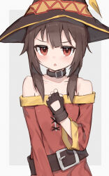 Rule 34 | 1girl, bare shoulders, belt, belt collar, black collar, black gloves, blunt bangs, brown hair, collar, collarbone, commentary, dress, fingerless gloves, flat chest, gloves, grey background, hands on own chest, hat, highres, kono subarashii sekai ni shukufuku wo!, long hair, long sleeves, looking at viewer, megumin, off-shoulder dress, off shoulder, red dress, red eyes, shone, simple background, solo, triangle mouth, upper body, witch hat