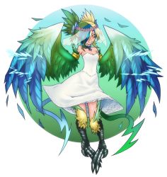 Rule 34 | 1girl, absurdres, bad link, bare shoulders, blonde hair, blue hair, breasts, choker, commission, dress, electricity, feathered wings, feathers, green hair, hair over one eye, harpy, head wreath, highres, looking at viewer, magnifire, monster girl, monster girl encyclopedia, multicolored hair, multicolored wings, pointy ears, small breasts, smile, solo, strapless, strapless dress, talons, thunderbird (monster girl encyclopedia), veil, white dress, winged arms, wings