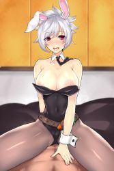 Rule 34 | 1boy, 1girl, animal ears, battle bunny riven, blush, breasts, carrot, detached collar, fake animal ears, girl on top, highres, large breasts, league of legends, leotard, looking at viewer, nipples, pantyhose, playboy bunny, pov, rabbit ears, riven (league of legends), solo focus, white hair