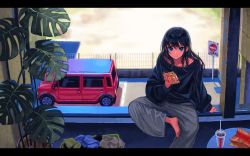 Rule 34 | 1girl, barefoot, blue eyes, blue hair, blue shirt, burger, car, cup, disposable cup, eating, food, highres, kaneni, letterboxed, long hair, looking at viewer, loose clothes, loose pants, loose shirt, mole, mole under eye, monstera deliciosa, motor vehicle, original, plant, potted plant, road sign, shirt, sign, sitting, solo, stop sign