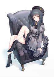Rule 34 | 1girl, ankle boots, bare legs, belt boots, beret, black dress, black hat, blunt bangs, blush, boots, breasts, chair, cross-laced footwear, dress, expressionless, green hair, hat, heel up, high heel boots, high heels, highres, idolmaster, idolmaster million live!, juliet sleeves, kitakami reika, lace-up boots, leg up, long hair, long sleeves, looking at viewer, medium breasts, nys, proud of stage (idolmaster), puffy sleeves, simple background, sitting, solo, twintails, very long hair, white background