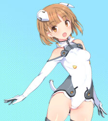 1girl bare_shoulders blue_background blush breasts brown_eyes brown_hair commentary_request cowboy_shot gloves headgear leotard looking_at_viewer open_mouth sakurano_otoha shimada_fumikane short_hair sky_girls small_breasts smile solo white_leotard