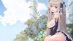 Rule 34 | 1girl, :d, absurdres, areola slip, azur lane, bare shoulders, blunt bangs, breasts, cleavage, commentary, daran9, detached sleeves, dress, english commentary, flower, formidable (azur lane), frilled dress, frills, from side, hair ribbon, highres, huge filesize, hydrangea, large breasts, light brown hair, long hair, looking at viewer, open mouth, pantyhose, red eyes, ribbon, seiza, short dress, sitting, smile, solo, twintails, two-tone dress, two-tone ribbon, very long hair, white pantyhose