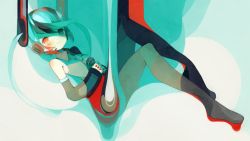 Rule 34 | 1girl, aqua hair, bare shoulders, blue eyes, blue theme, color contrast, detached sleeves, own hands clasped, hatsune miku, headset, heterochromia, long hair, looking at viewer, microphone, nail polish, necktie, own hands together, red eyes, sasasasa, solo, surreal, twintails, vocaloid