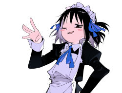 Rule 34 | 1girl, apron, arashiyama hotori, backlighting, black hair, blue ribbon, blush stickers, brown eyes, floating hair, frilled apron, frilled hairband, frills, from below, hair ribbon, hairband, half-closed eye, hand on own hip, hand up, juliet sleeves, kokaki mumose, long sleeves, looking at viewer, looking down, maid, maid apron, maid headdress, neck ribbon, negative space, one eye closed, open mouth, puffy sleeves, ribbon, short hair, simple background, sleeve cuffs, smile, smirk, smug, solo, soredemo machi wa mawatteiru, white apron, white background, white hairband, wing collar