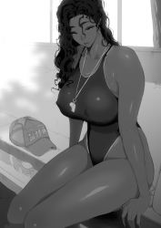 Rule 34 | 1girl, breasts, covered erect nipples, curly hair, huge breasts, large breasts, long hair, looking at viewer, sitting, solo, swimsuit, tagme, wavy hair, youshu ohepe