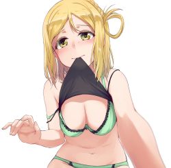 Rule 34 | 10s, 1girl, blonde hair, blurry, blush, bra, braid, breasts, camisole, camisole lift, cleavage, clothes lift, depth of field, foreshortening, french braid, green bra, green panties, hanging breasts, highres, lace, lace-trimmed bra, lace trim, love live!, love live! sunshine!!, medium breasts, nanotsuki, navel, ohara mari, one side up, panties, simple background, single braid, solo, strap slip, underwear, white background, yellow eyes
