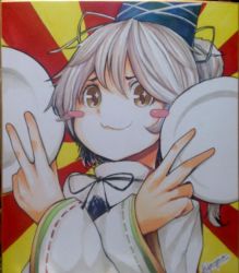 Rule 34 | 1girl, :3, black ribbon, blue hat, blush stickers, brown hair, closed mouth, commentary request, dual wielding, grey hair, hair between eyes, hat, holding, jonasan (bad-t), long sleeves, looking at viewer, medium hair, mononobe no futo, neck ribbon, plate, pom pom (clothes), ponytail, red background, ribbon, ribbon-trimmed sleeves, ribbon trim, shikishi, smile, solo, sparkling eyes, sunburst, sunburst background, tate eboshi, touhou, traditional media, upper body, wide sleeves, yellow background