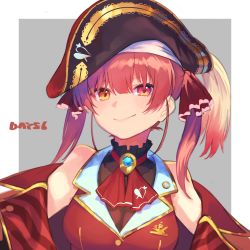 Rule 34 | 1girl, absurdres, ascot, bicorne, black coat, black hat, breasts, brooch, cleavage, coat, cropped jacket, hair ribbon, hat, hatomugi seika, heterochromia, highres, hololive, houshou marine, jacket, jewelry, off shoulder, red ascot, red eyes, red hair, red jacket, red ribbon, ribbon, see-through, see-through cleavage, sleeveless, sleeveless jacket, smile, solo, virtual youtuber, yellow eyes