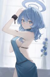 Rule 34 | 1girl, absurdres, ako (blue archive), ako (dress) (blue archive), aqua dress, blue archive, blue eyes, blue hair, blush, breasts, commentary request, cuffs, dress, evening gown, gmi (jimmyovob), halo, highres, indoors, light smile, medium breasts, official alternate costume, plant, potted plant, shackles, sideboob, sideless dress, solo