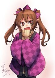 Rule 34 | 1girl, :d, alternate costume, ashiroku (miracle hinacle), black leggings, brown eyes, brown hair, brown sweater, checkered clothes, hanten (clothes), happy, hat, highres, himekaidou hatate, japanese clothes, leggings, long sleeves, medium hair, open mouth, own hands together, pointy ears, purple hat, purple ribbon, ribbon, short twintails, sleeves past fingers, sleeves past wrists, smile, solo, sweater, tokin hat, touhou, turtleneck, twintails, vertical-striped sweater, white sleeves, wide sleeves