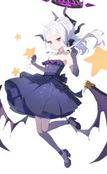 Rule 34 | 1girl, absurdres, bare shoulders, bilibilida, blue archive, commentary request, demon horns, demon wings, dress, earrings, flat chest, full body, gloves, halo, high heels, highres, hina (blue archive), hina (dress) (blue archive), horns, jewelry, long hair, looking at viewer, low wings, multiple horns, necklace, pantyhose, purple dress, purple gloves, purple pantyhose, simple background, sketch, solo, star (symbol), strapless, strapless dress, white background, white hair, wings