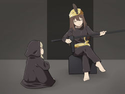 Rule 34 | 2girls, bad id, bad pixiv id, barefoot, black robe, brown eyes, brown feathers, brown hair, brown headwear, cosplay request, crossed legs, feathers, hat, hat feather, holding, hood, hood up, hooded robe, idolmaster, idolmaster cinderella girls, long hair, looking at another, morikubo nono, multiple girls, profile, ringlets, robe, shibuya rin, sitting, uccow, very long hair