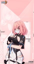 Rule 34 | 1girl, bob cut, breasts, brown eyes, gloves, hair ornament, hairclip, highres, honkai (series), honkai impact 3rd, large breasts, looking at viewer, mask, mouth mask, official art, official wallpaper, pink background, pink hair, short hair, short sleeves, single glove, timido cute, white gloves, white legwear