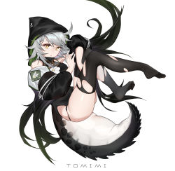 Rule 34 | 1girl, absurdres, ahoge, arknights, ass, bare shoulders, black thighhighs, crocodilian tail, grey hair, highres, hood, hoodie, looking at viewer, pointy ears, short hair, simple background, solo, tail, thighhighs, tomimi (arknights), torn clothes, white background, xiudie, yellow eyes
