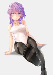 Rule 34 | 1girl, absurdres, anemone (flower knight girl), blue eyes, feet, flower knight girl, hair ornament, hairclip, highres, light purple hair, long hair, looking at viewer, pantyhose, pantyhose under swimsuit, parted lips, sitting, soles, swimsuit, toes