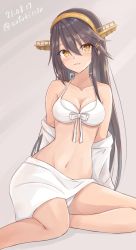 Rule 34 | 1girl, bikini, black hair, breasts, cleavage, collarbone, commentary request, dated, gensoukitan, grey background, hair ornament, hairclip, haruna (kancolle), highres, kantai collection, long hair, looking at viewer, medium breasts, navel, one-hour drawing challenge, sarong, sitting, solo, swimsuit, twintails, white bikini, white sarong, yokozuwari