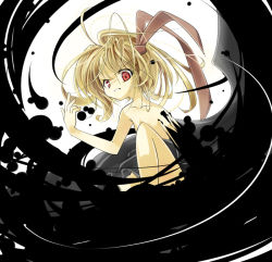 Rule 34 | 1girl, angry, bad id, bad pixiv id, blonde hair, censored, convenient censoring, darkness, embodiment of scarlet devil, female focus, hair ribbon, itsutsuki, long hair, red eyes, ribbon, rumia, solo, topless, touhou