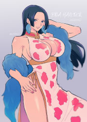 Rule 34 | 1girl, armpit peek, black hair, blue eyes, blue scarf, blush, boa hancock, breasts, character name, dress, earrings, highres, jewelry, large breasts, long hair, looking at viewer, nail polish, one piece, open mouth, pink nails, scarf, sideboob, solo, thighs, twitter username, underboob, youkan (tako)