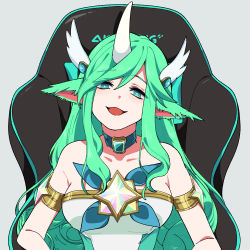 Rule 34 | 1girl, :d, alternate hair color, animal ears, bare shoulders, breasts, chair, collarbone, gaming chair, gloves, green eyes, green hair, hiyari (hiyarilol), horns, large breasts, league of legends, long hair, looking at viewer, magical girl, official alternate costume, open mouth, pointy ears, single horn, sitting, smile, solo, soraka (league of legends), star guardian (league of legends), star guardian soraka, swivel chair, very long hair, white gloves
