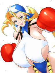 Rule 34 | 1girl, bandana, blonde hair, blue eyes, blue leotard, boxing gloves, breasts, capcom, cleavage, earrings, female focus, garter straps, gigantic breasts, highres, huge breasts, incoming attack, incoming punch, jewelry, justice gakuen, leotard, looking at viewer, milkcarton man, o-ring, open mouth, punching, shiny skin, star (symbol), star earrings, star print, suspenders, sweat, tiffany lords, underboob