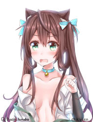 Rule 34 | 10s, 1girl, animal ears, arm warmers, artist name, asagumo (kancolle), bare shoulders, bell, blue bow, blush, bow, breasts, breasts apart, cat ears, choker, collaboration, collarbone, collared shirt, disco brando, embarrassed, gradient hair, green eyes, hair bow, jingle bell, kantai collection, kemonomimi mode, kvlen, long hair, looking at viewer, medium breasts, multicolored hair, neck bell, no bra, open clothes, open mouth, open shirt, purple hair, shirt, short sleeves, simple background, solo, suspenders, suspenders slip, tareme, twintails, upper body, white background, white shirt, wing collar