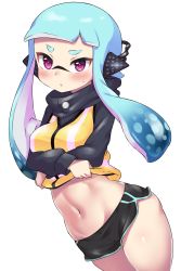 Rule 34 | 1girl, :o, agent 3 (splatoon), black shirt, black shorts, blue hair, blunt bangs, blush, clothes lift, commentary, cowboy shot, dolphin shorts, dutch angle, headgear, highres, inkling, inkling girl, inkling player character, lifting own clothes, long hair, long sleeves, looking at viewer, micro shorts, midriff peek, navel, nintendo, parted lips, penguin maru (penginmaru), purple eyes, shirt, shirt lift, shorts, simple background, solo, splatoon (series), squidbeak splatoon, standing, sweatdrop, tentacle hair, undressing, vest, white background, yellow vest