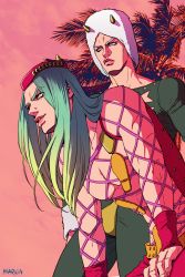 Rule 34 | 2boys, artist name, bent over, blonde hair, blue eyes, eyes visible through hair, fishnets, frown, gradient hair, green hair, hat, highres, horns, jojo no kimyou na bouken, lips, long hair, male focus, marion-ville, multicolored hair, multiple boys, narciso anasui, neck, palm tree, parted lips, single horn, smile, tree, weather report, white hair, wristband, yellow eyes