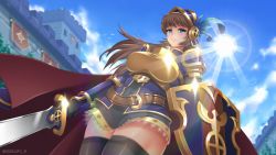Rule 34 | armor, black thighhighs, cowboy shot, day, from below, gold armor, highres, holding, holding sword, holding weapon, maplestory, maplestory 2, miniskirt, outdoors, pauldrons, shield, shoulder armor, skirt, standing, sword, tagme, thighhighs, weapon