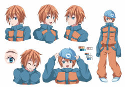 Rule 34 | 1boy, animification, bad id, bad pixiv id, blue eyes, character sheet, color guide, helmet, male focus, monsters inc., orange hair, personification, rocky (monsters inc.), runosuke, sleeves past wrists