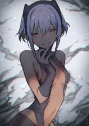 Rule 34 | 1girl, bare shoulders, black gloves, blush, breasts, dark-skinned female, dark skin, fate/prototype, fate/prototype: fragments of blue and silver, fate (series), fingerless gloves, gloves, hairband, hassan of serenity (fate), highres, looking at viewer, medium breasts, mephisto (angraecum), navel, open mouth, purple eyes, purple hair, saliva, short hair, solo
