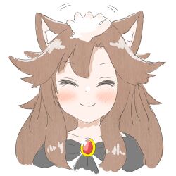 Rule 34 | 1girl, 1other, animal ears, brown hair, closed eyes, closed mouth, disembodied head, facing viewer, hair flaps, headpat, highres, imaizumi kagerou, long hair, runi h, simple background, smile, touhou, upper body, white background, wolf ears, wolf girl