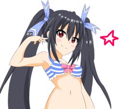 Rule 34 | 1girl, bare shoulders, bikini, black hair, breasts, choujigen game neptune, crawford (semochan), hair ornament, hair ribbon, long hair, looking at viewer, medium breasts, neptune (series), noire (neptunia), red eyes, ribbon, simple background, smile, solo, star (symbol), striped bikini, striped clothes, swimsuit, twintails, very long hair