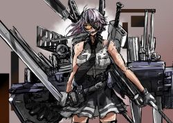 Rule 34 | 1girl, bare shoulders, black gloves, black neckwear, black skirt, cannon, collared shirt, dagger, dress shirt, eyepatch, gloves, glowing, glowing eyes, grey shirt, headgear, holding, holding sword, holding weapon, in mouth, kakiiro (takuya), kantai collection, knife, looking at viewer, machinery, medium hair, multiple swords, pleated skirt, purple hair, rigging, shirt, skirt, sleeveless, sleeveless shirt, standing, sword, tenryuu (kancolle), thighhighs, turret, weapon, yellow eyes